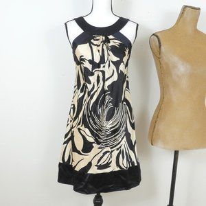 Badgley Mischka Black Champagne Silk Abstract 60's Style Sleeveless Size 0 Dress